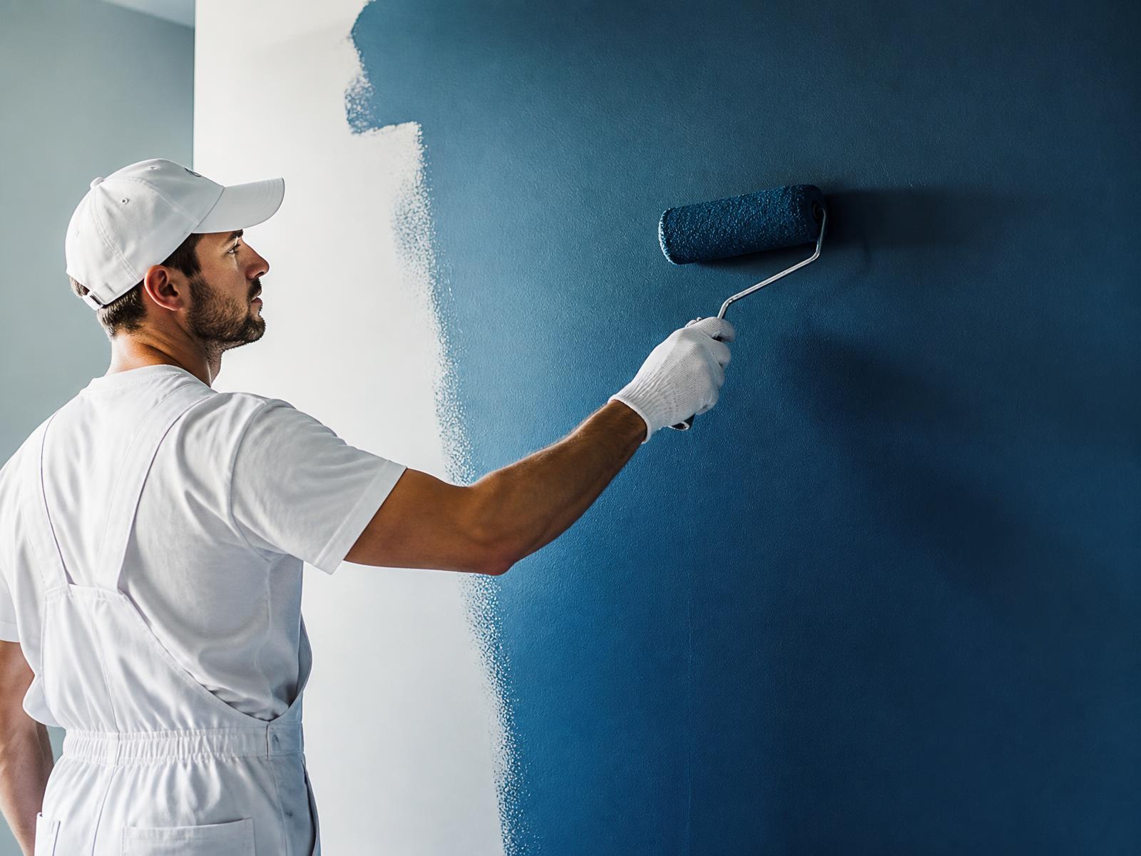 Pintor profissional aplicando tinta azul com rolo em uma parede