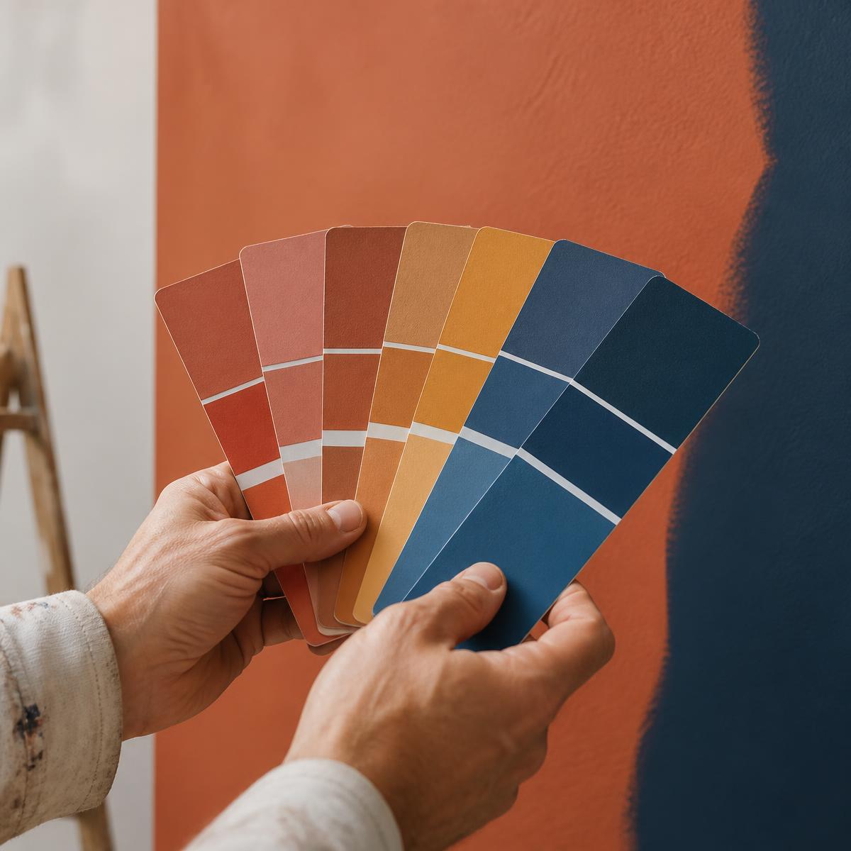 Mãos de pintor segurando leque de cores com tons de terracota, ocre e azul